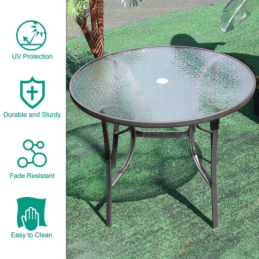 Rectangular Tempered Glass Outdoor Coffee Table With Parasol Hole - 105cm Dia X 72 Cm H | One Size | Black