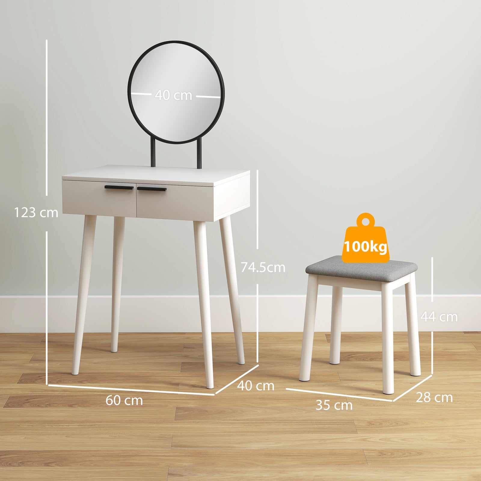 Dressing Table Vanity Set Make Up Desk With Mirror & Stool White