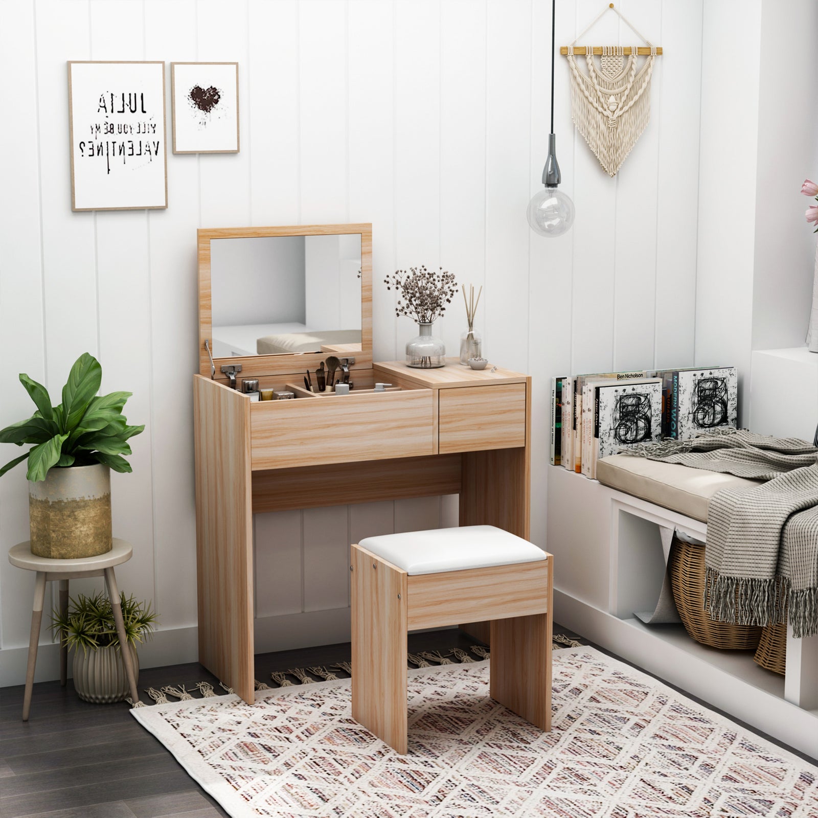 Dressing Table Set Cushioned Stool Flip-up Mirror Drawer | One Size | Natura