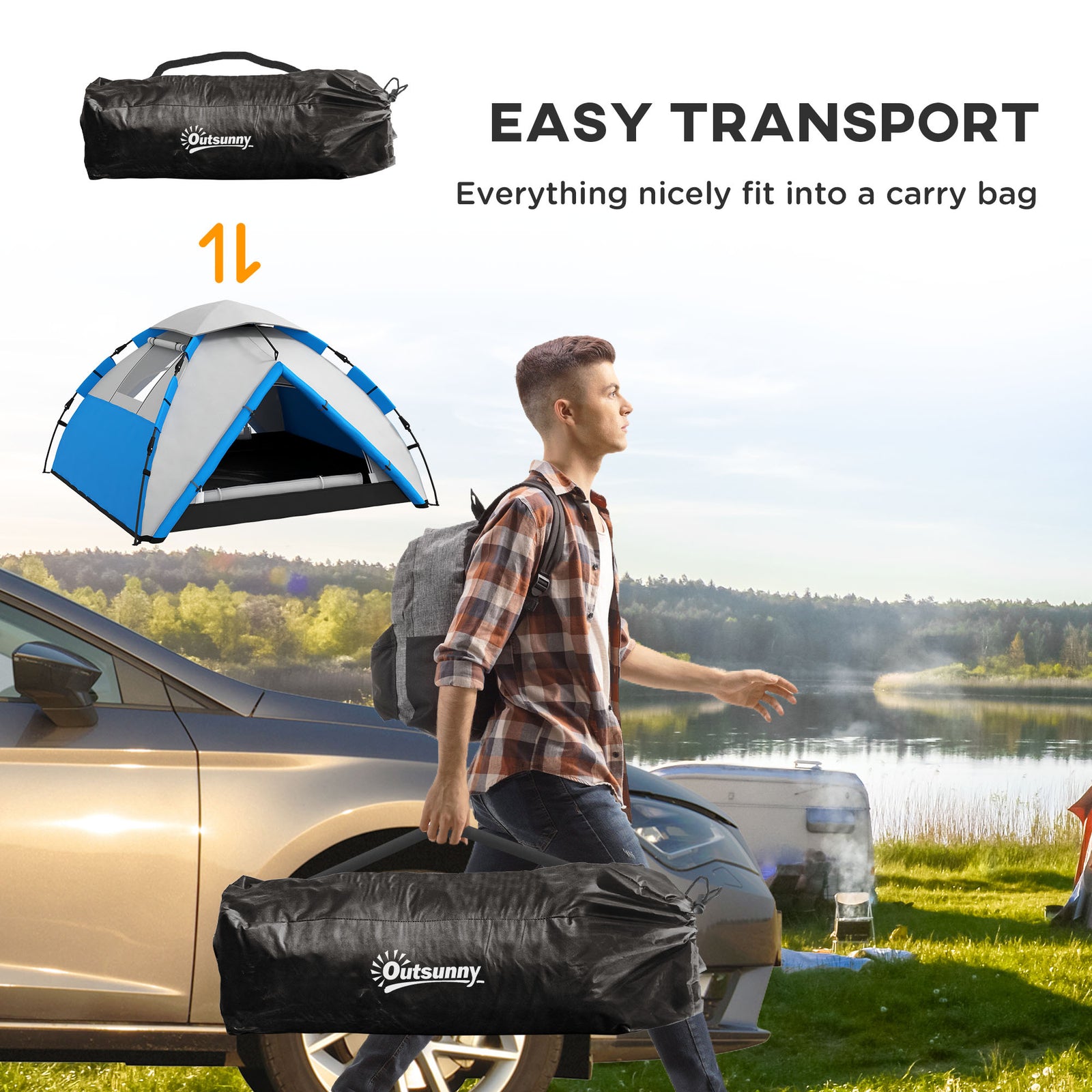 3-4 Man Camping Tent Portable With Bag, Quick Setup | Light Blue