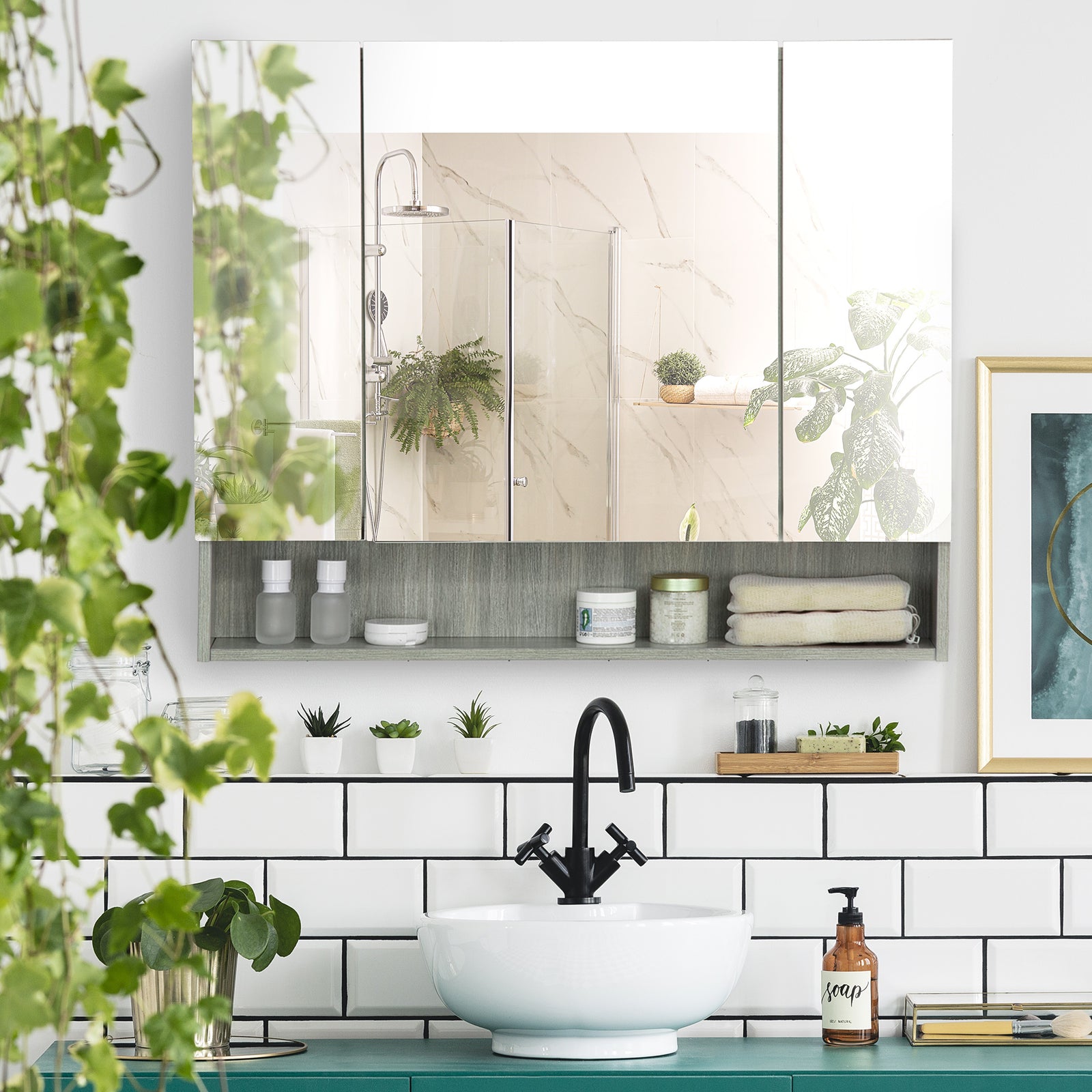 Bathroom Wall Mounted Mirror Storage Adjustable Shelves