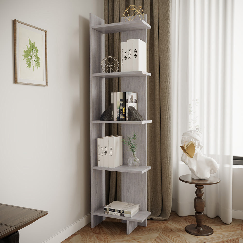 Modern 5-tier Corner Bookshelf Shelf Unit | Grey