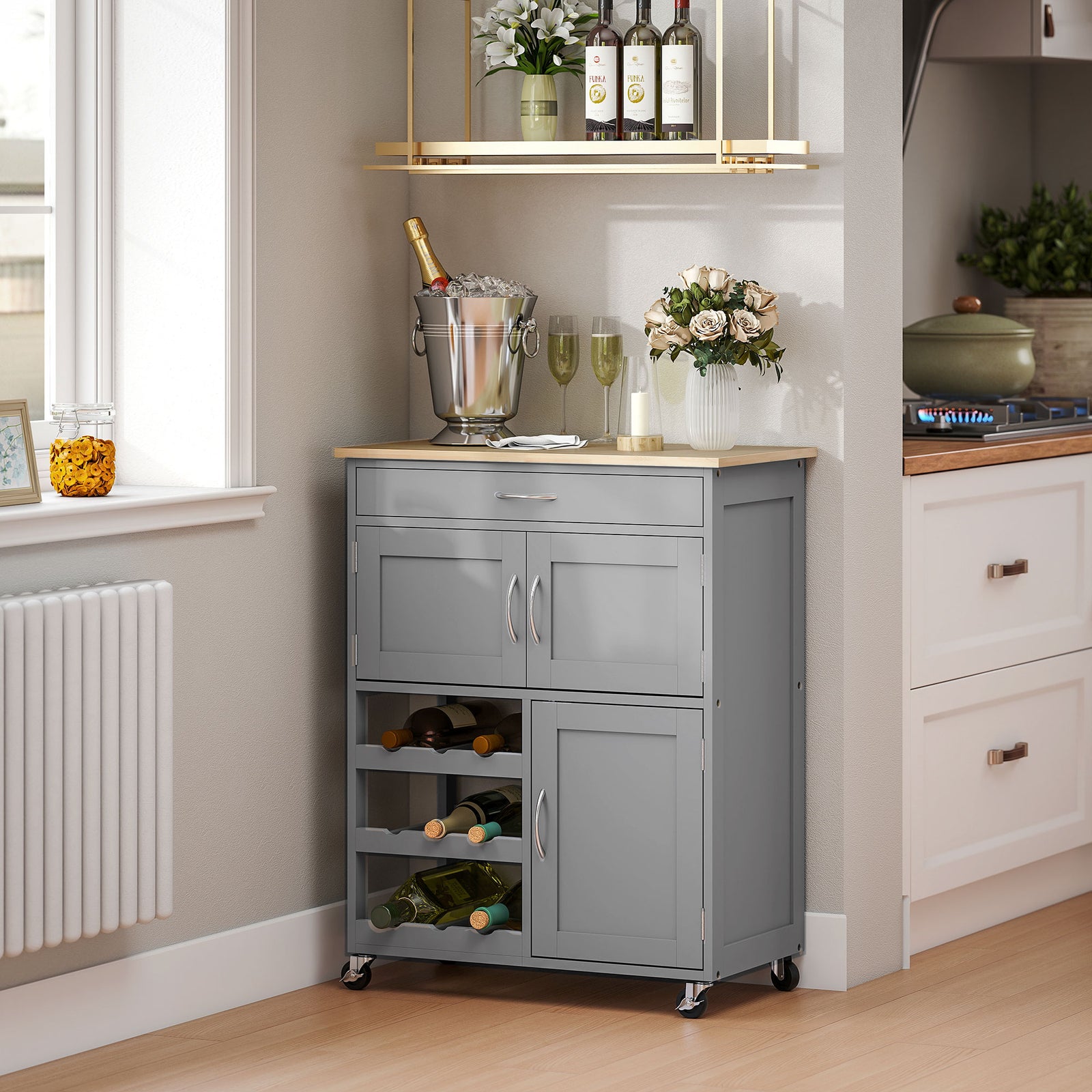 Rolling Kitchen Island Trolley Storage Cart W/ Rubberwood Top, Grey