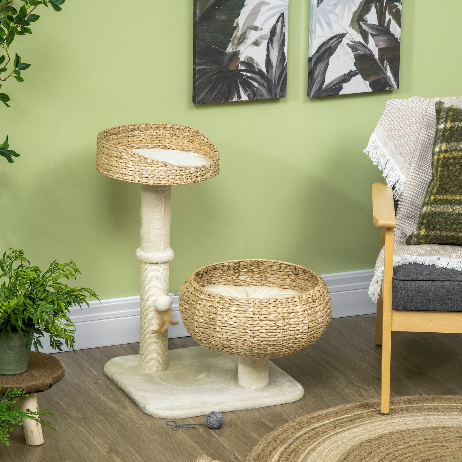 72cm Cat Tree Kitten Tower With 2 Beds Scratching Post Toy Ball, Beige
