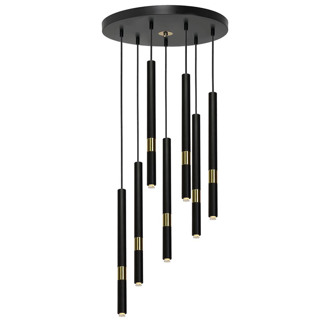 Monza Designer Black Pendant Lamp (7xg9) High Quality Hand Made From Matt Black Alloy With Luxurious Gold Detail