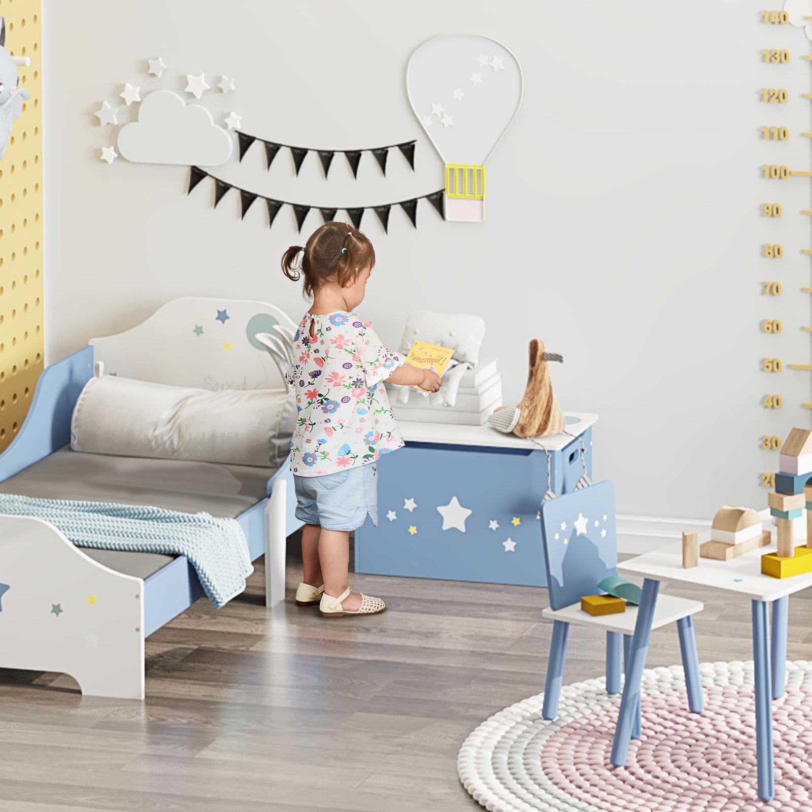 Kids Wooden Toy Box Children Storage Chest Organiser Side Handle Blue