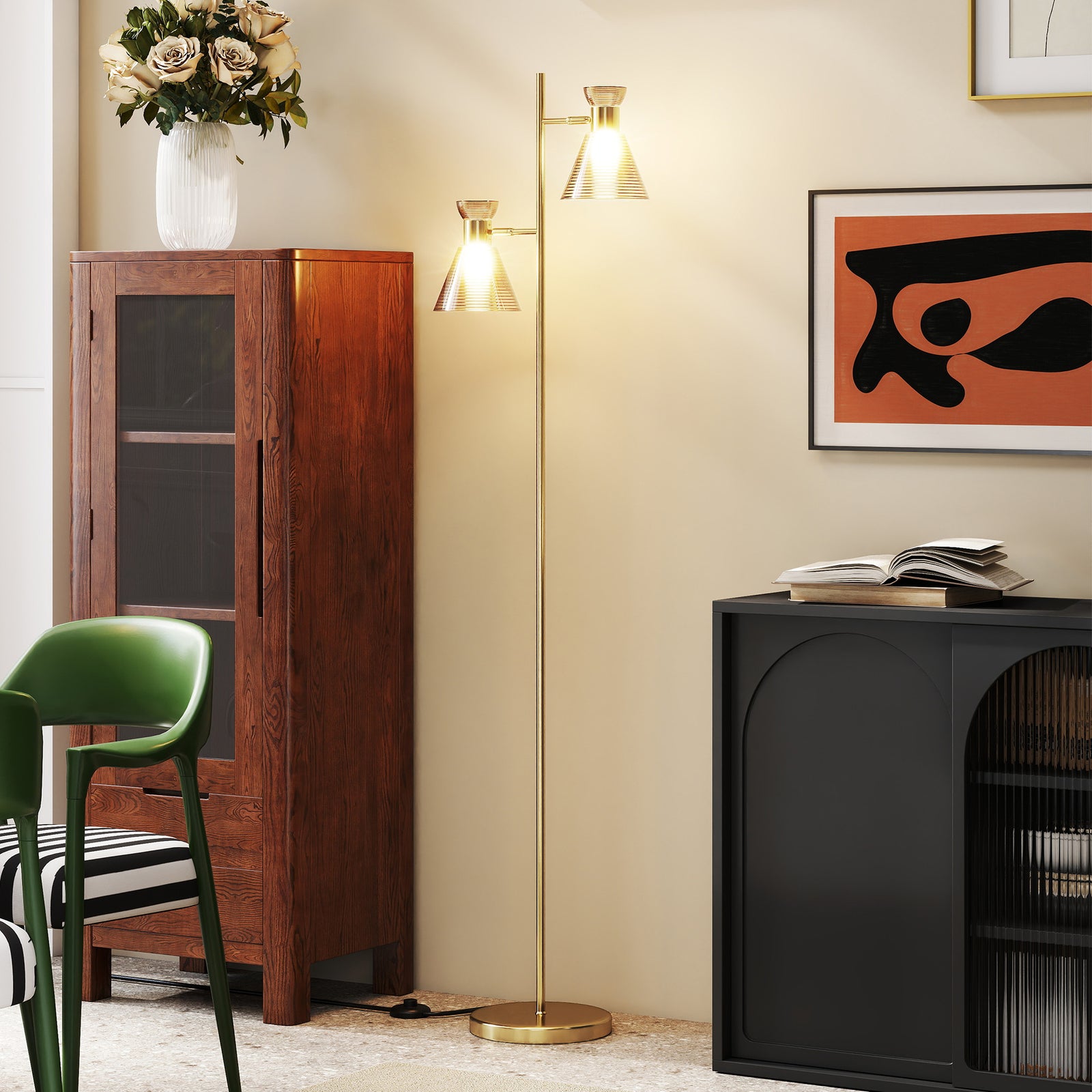 HOMCOM Standing Lamp With Adjustable Dual Head, Modern Floor Lamp, Gold Tone
