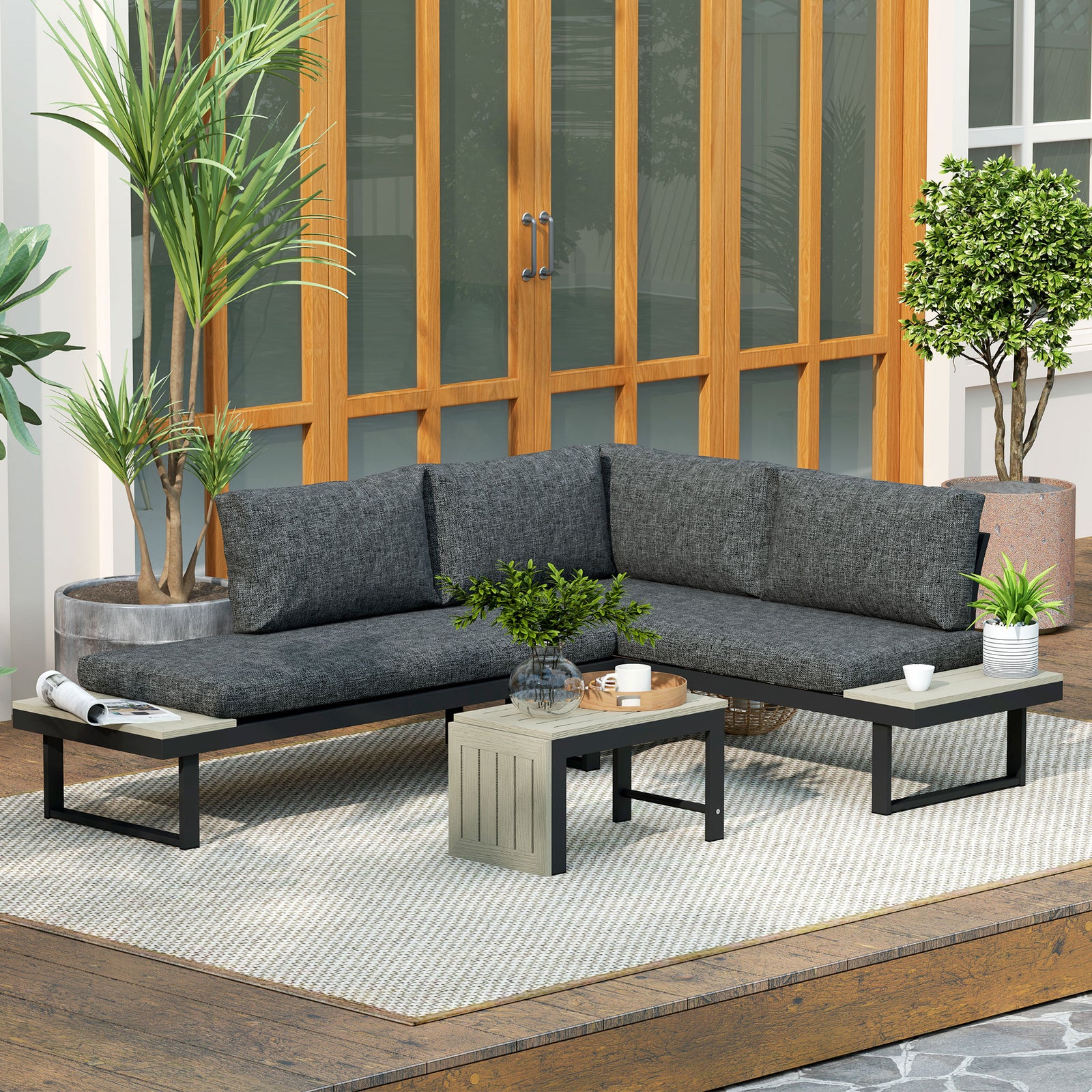 4 Seater L Shaped Aluminium Garden Furniture Set W/ Table