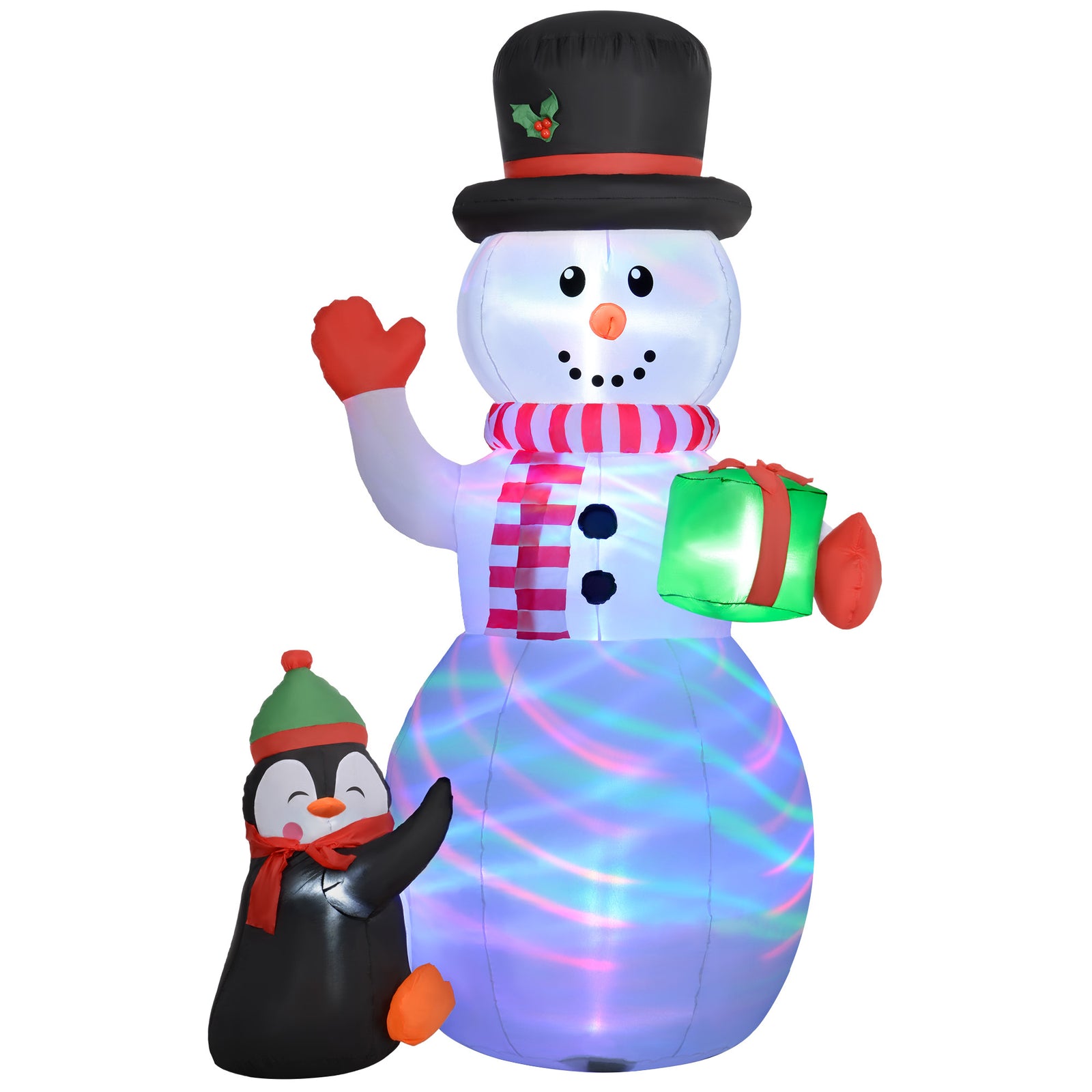 8ft Inflatable Snowman Holding Gift Box With Penguin Led