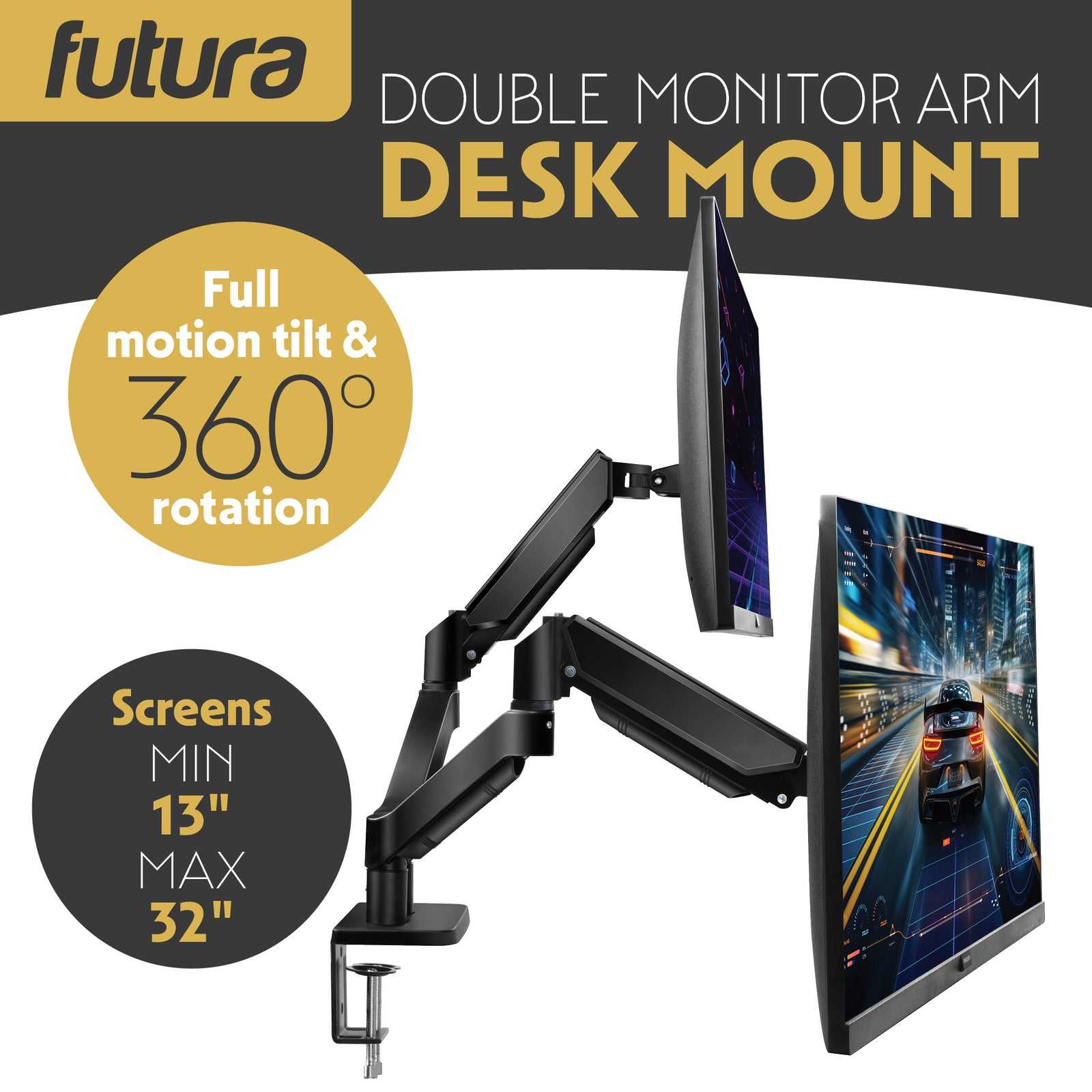 Single & Dual Monitor Arm Desk Mount Gas Spring Bracket 13-32 Inch Screens, Adjustable Stand, Full Motion Tilt Swivel Rotation | Dual Monitor Arm | Black