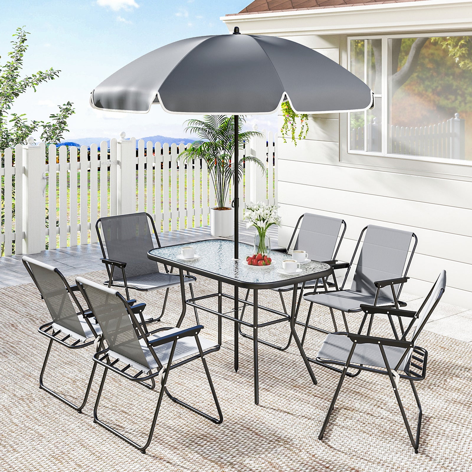 8 Piece Garden Dining Set With 6 Folding Chairs And Umbrella | Grey