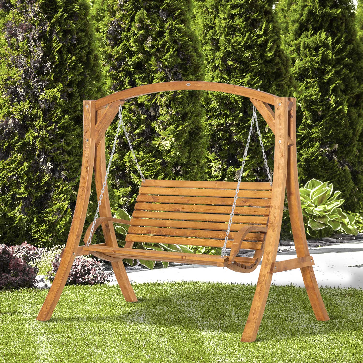 2 Seater Garden Swing Chair, Outdoor Wooden Swing Lounger
