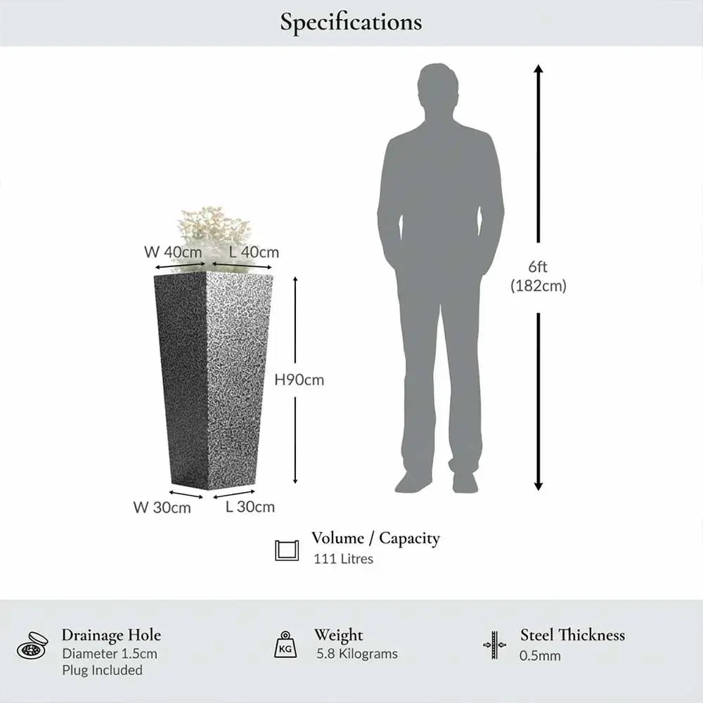 Zinc Galvanised Tall Flared Tapered Square Planter | 40cm x 40cm x 90cm | Silver Black