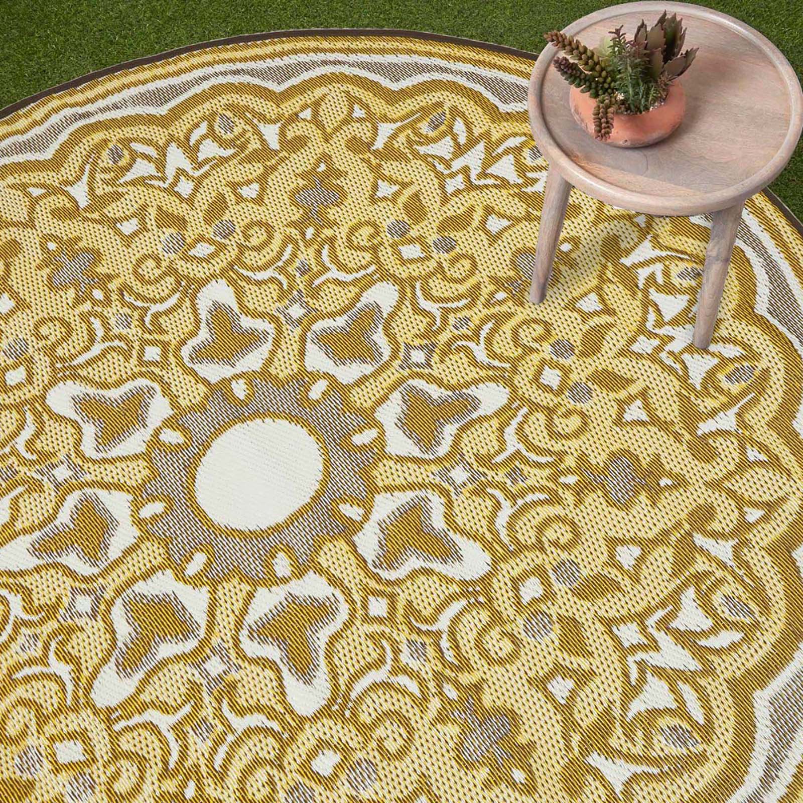Luxury Outdoor Rug Waterproof Reversible Round For Garden Patio 100% Recycled, Yellow Rae