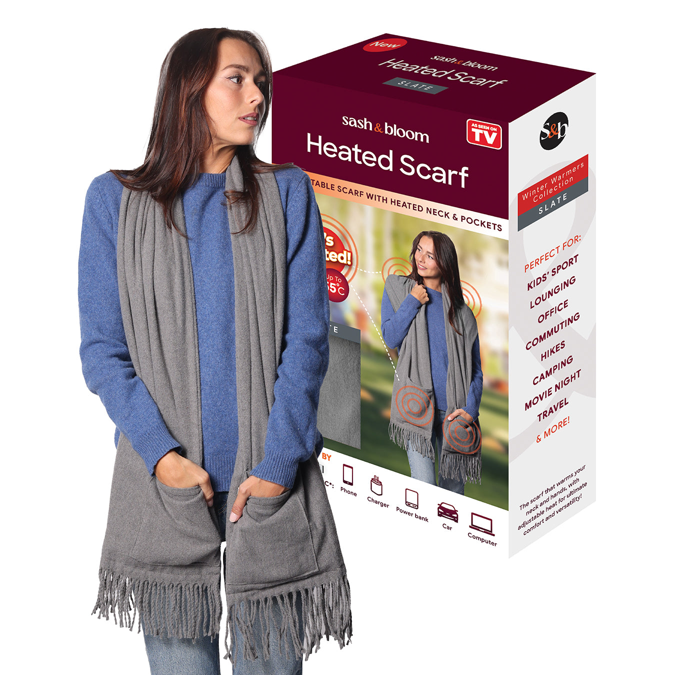 Heated Scarf with Heated Pockets and Rechargeable Battery Pack