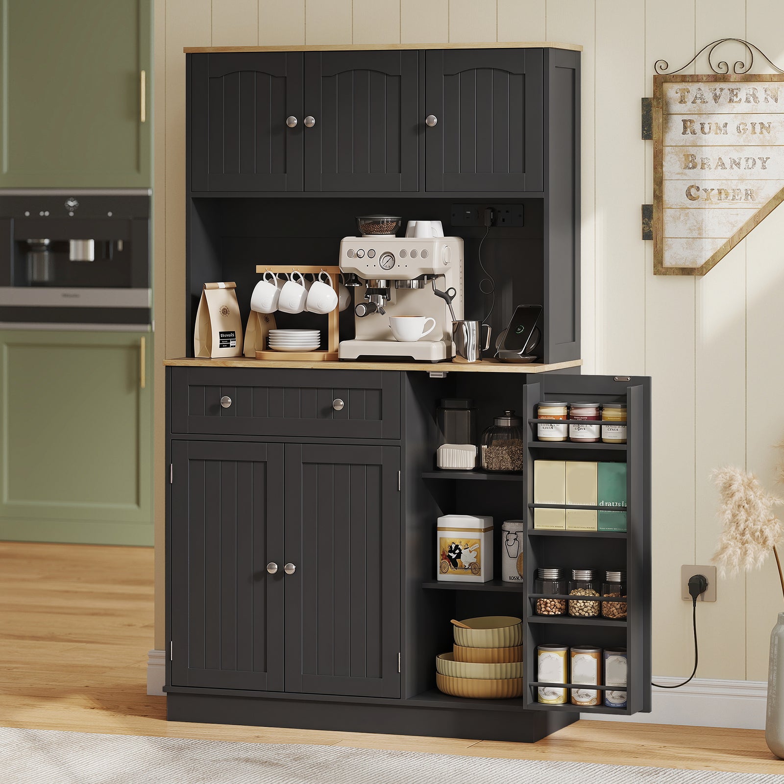 Pantry Storage Cabinet With Adjustable Shelves And 4 Door Racks | Black