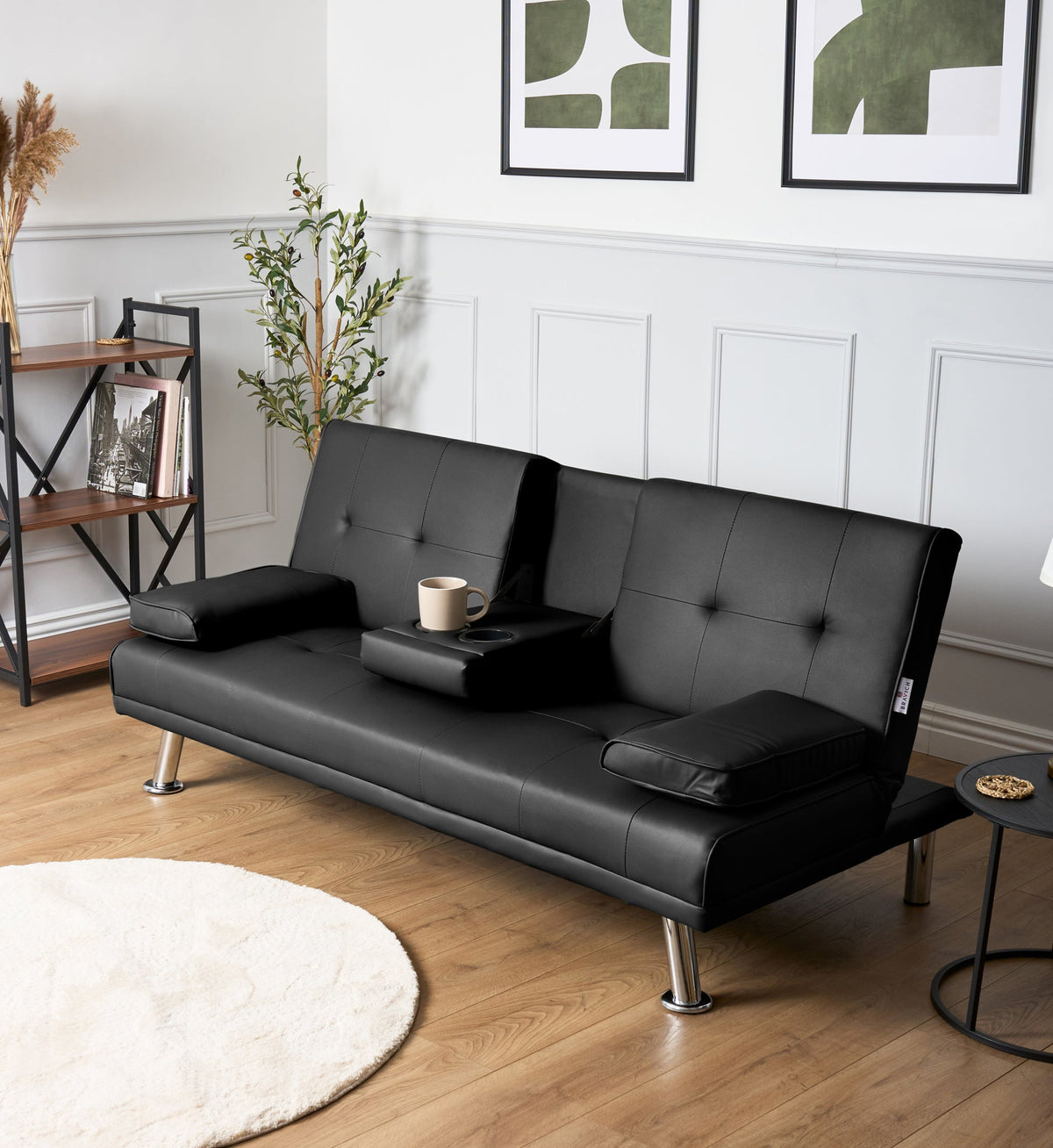 Faux Leather Click Clack Sofa Bed - 2 Seater | Black