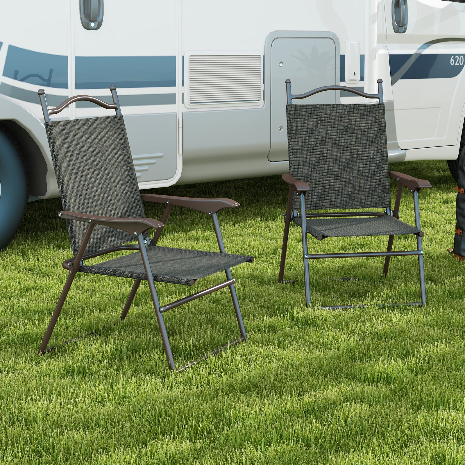 2pcs Folding Chair With Armrest, Breathable Mesh Fabric Seat | Dark Brown
