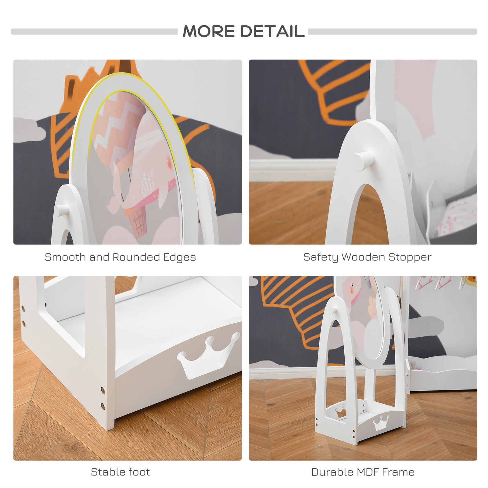 Free Standing Kids' Dressing Mirror With Storage For 3- 8 Years Old White
