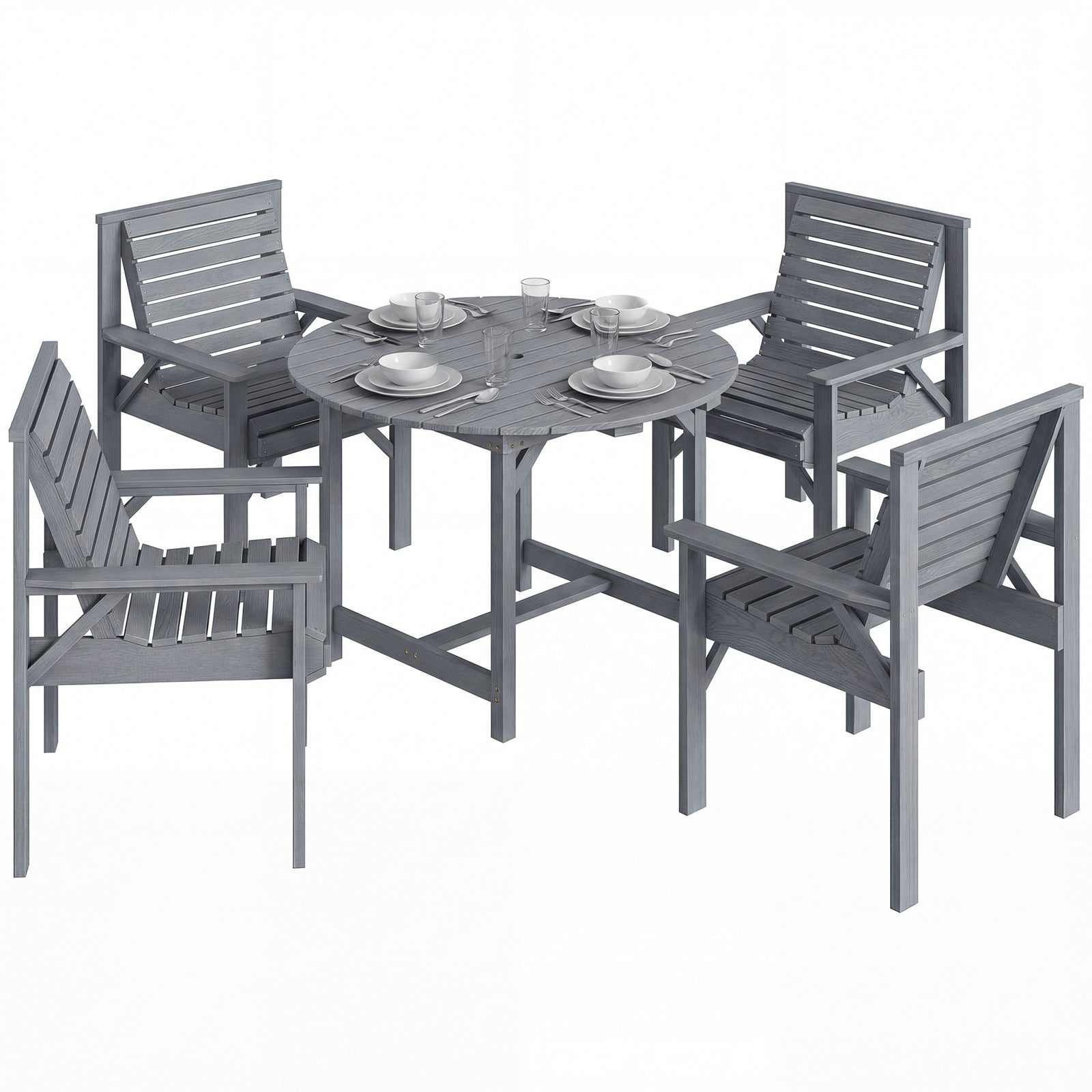 Garden Dining Set, Round Table And Chairs W/ Parasol Hole | Grey