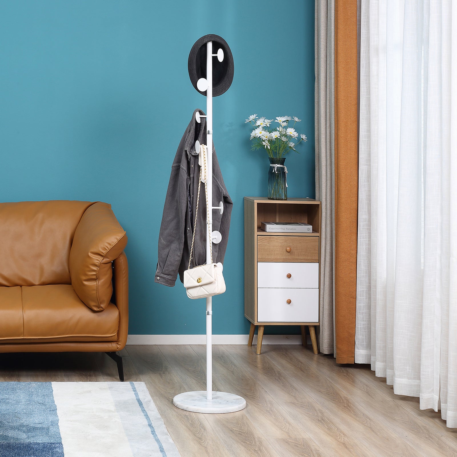 Steel Coat Stand Rack Marble Base 8 Hook Entryway | One Size | White