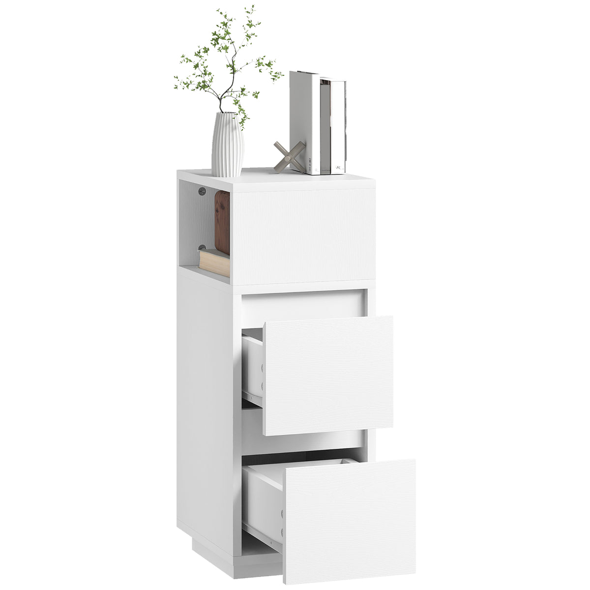 Slim Bedside Table, Bedside Cabinet With Open Shelf And 2 Drawers | White