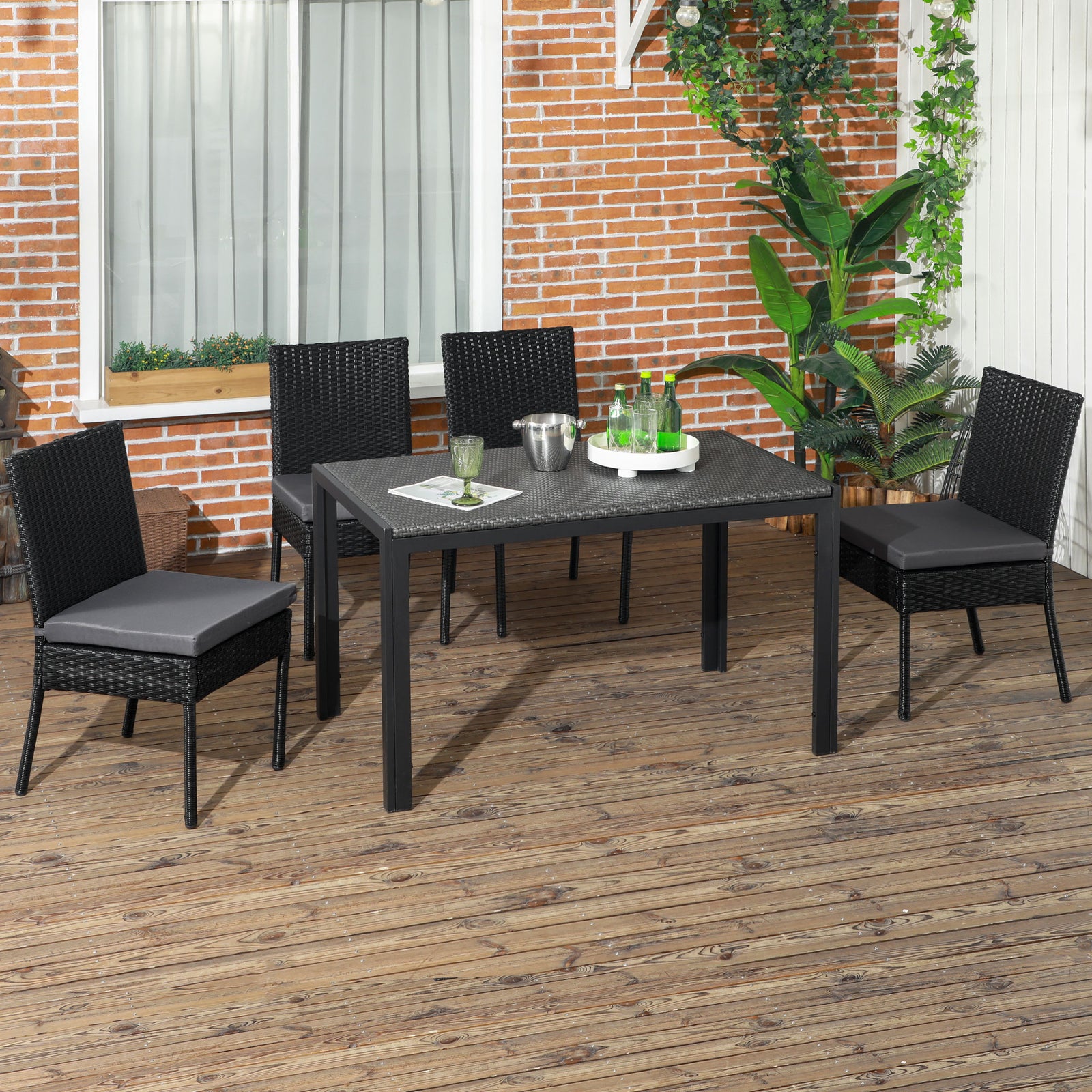 Rattan Garden Chairs W/ Cushion, Wicker Dining Chairs | Set of 4 | Black