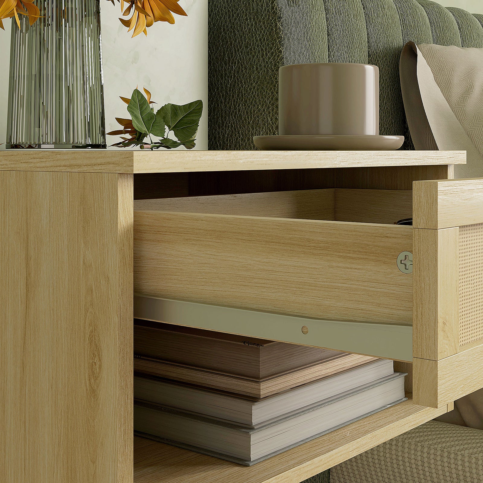 Floating Nightstands Set Of 2 With Rattan Drawer
