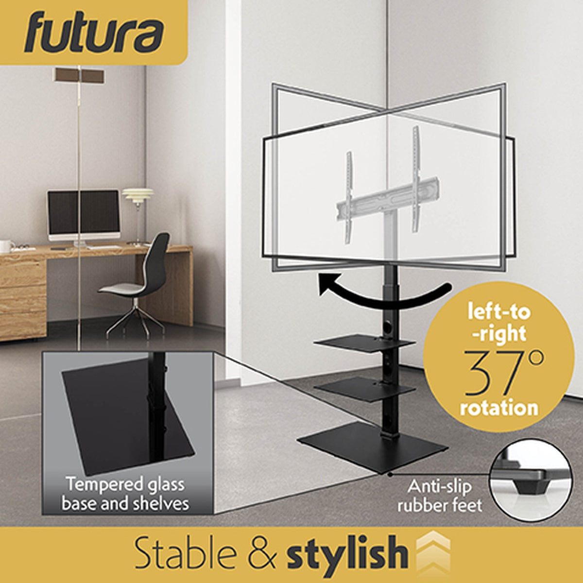 Futura Futura Tv Floor Stand 30 To 75 Inch Height Adjustable Swivel Mount With Two Shelves Supports 40kg
