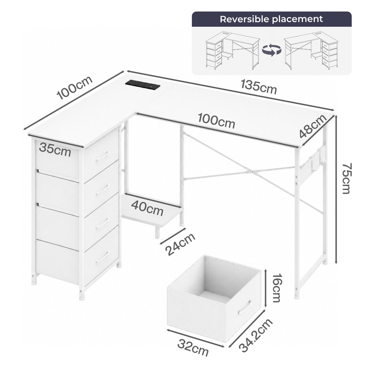 Corner Desk L Shaped With Drawers Power Outlet Office Gaming Wood White | White