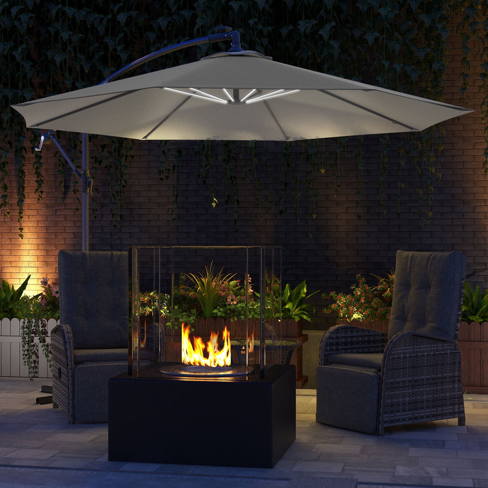 3m Led Patio Parasol W/ Solar Lights & Base