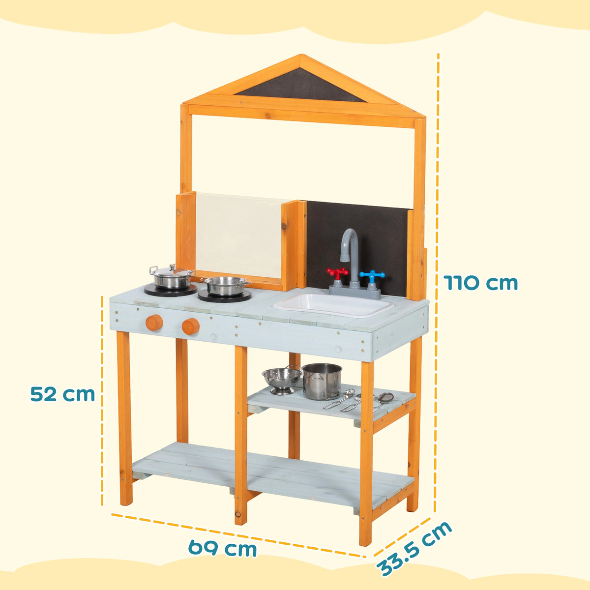 AIYAPLAY Wooden Mud Kitchen For Kids With Removable Sink, Cookware, Shelves