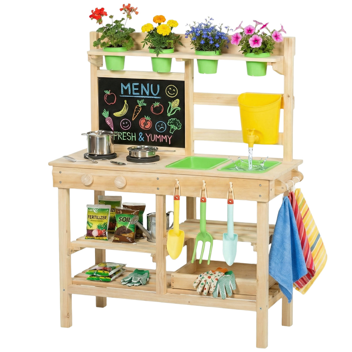 AIYAPLAY Wooden Kids Mud Kitchen With Kitchenware & Garden Tools