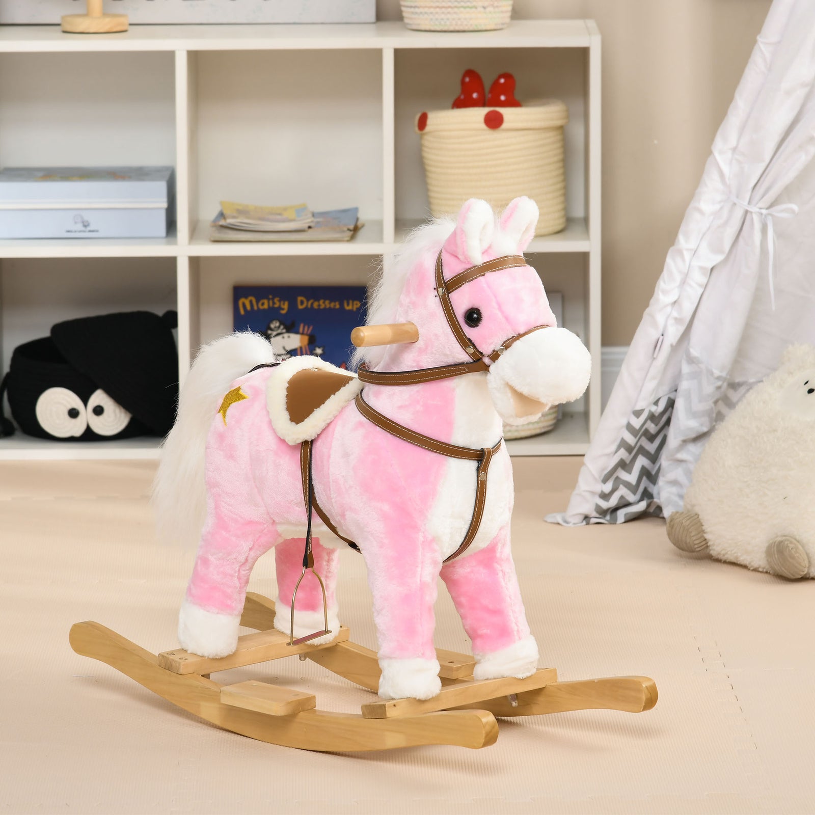 Wooden Ride On Horse, Ride On Pony Gift For Kids 3-6 Years, Pink