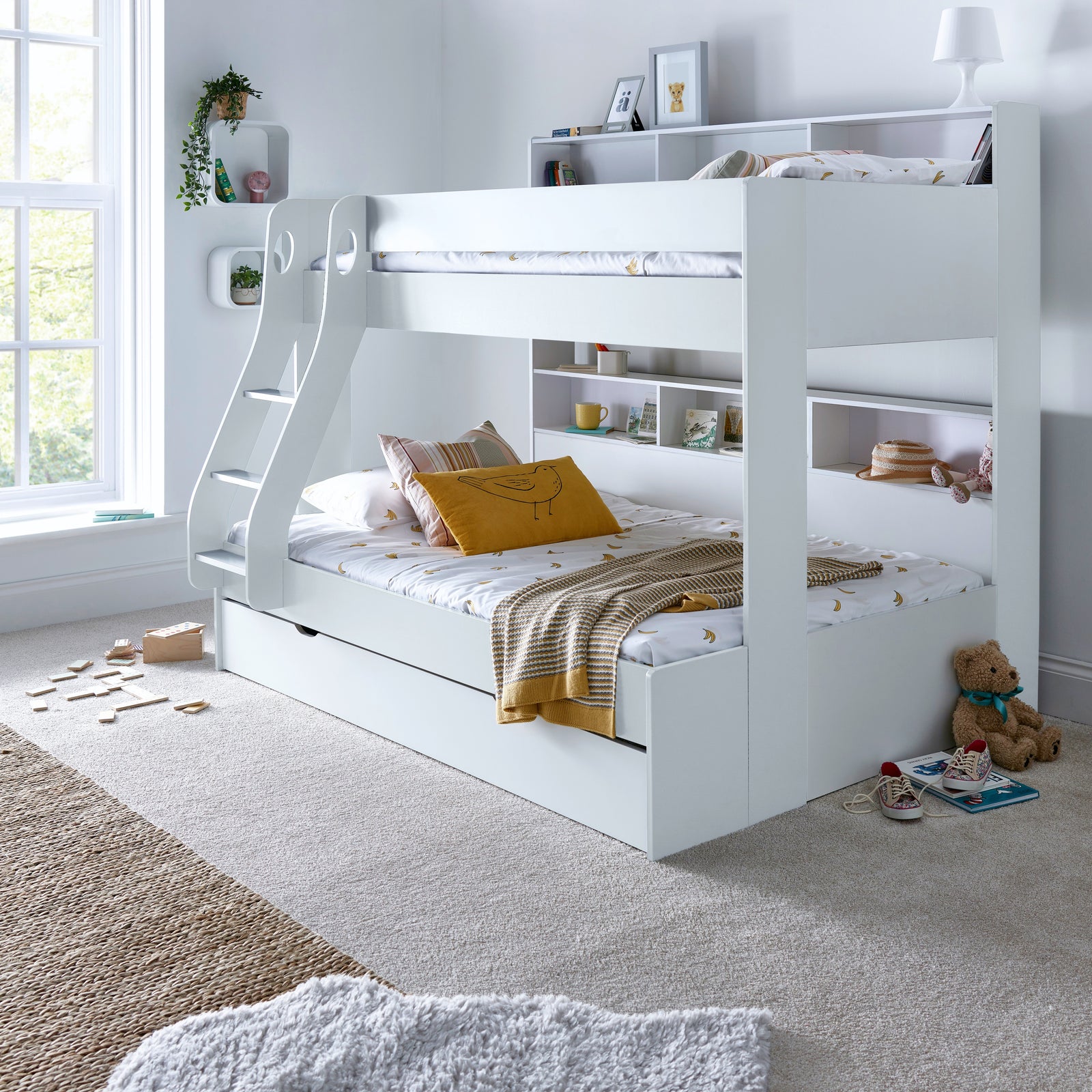 Oliver Triple Sleeper Storage Bunk Bed With Drawer With Memory Foam Mattresses | Small Double | White