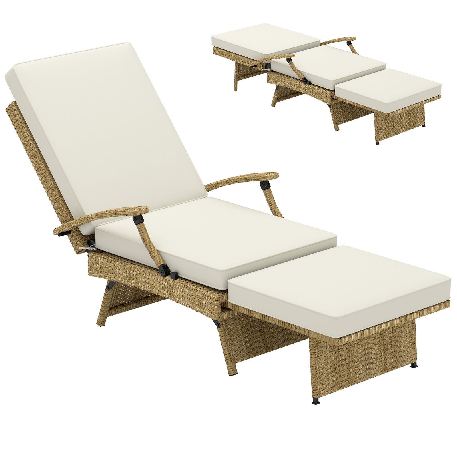 Foldable Rattan Garden Recliner Chair W/ Cushion, Footrest | Beige