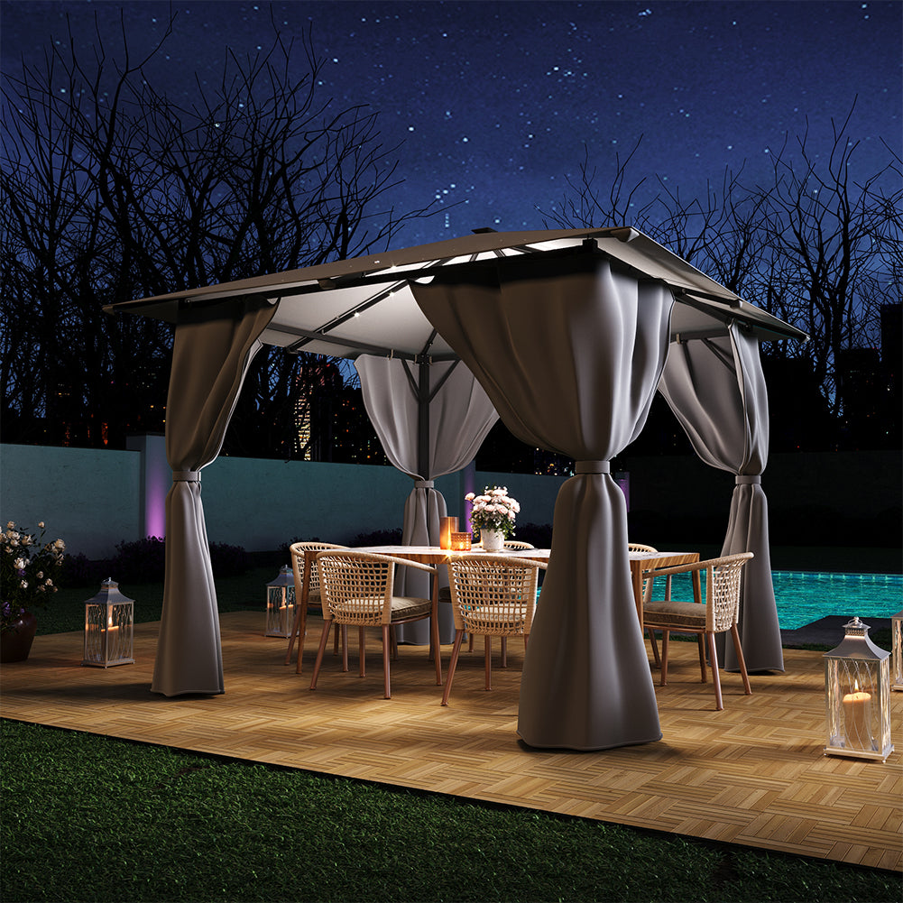 3x3m Heavy Duty Outdoor Gazebo With Lights And Curtains – Metal Frame & Pa-coated Polyester Canopy Sun Shade Shelter，2.6m Height,dark Grey