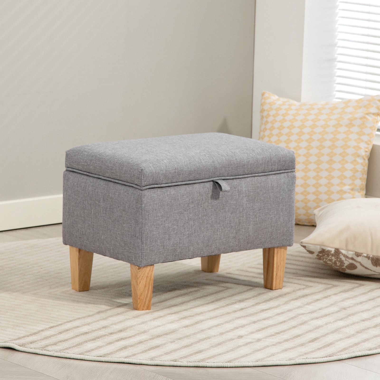 Linen Storage Ottoman Storage Box With Rubberwood Legs | Light Grey