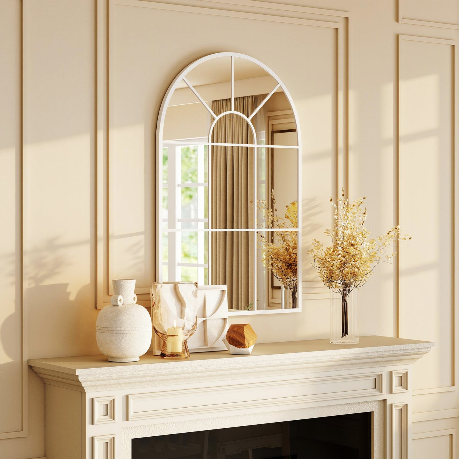 Arched Window Wall Mirror For Living Room Bedroom, 91x60cm | White
