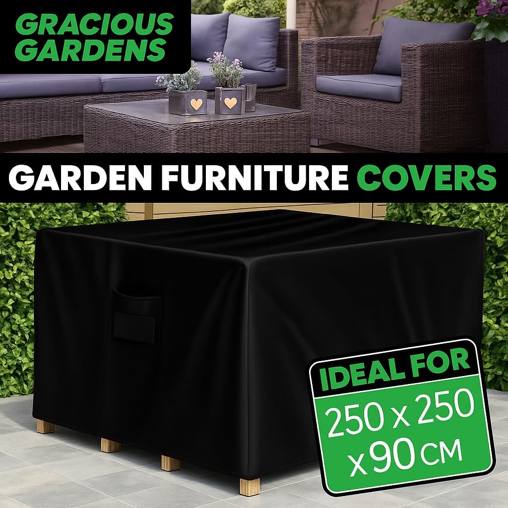 Square Outdoor Patio Waterproof Garden Furniture Cover, Weatherproof Rattan Sofa Protector | 250 x 250 x 90cm | Black