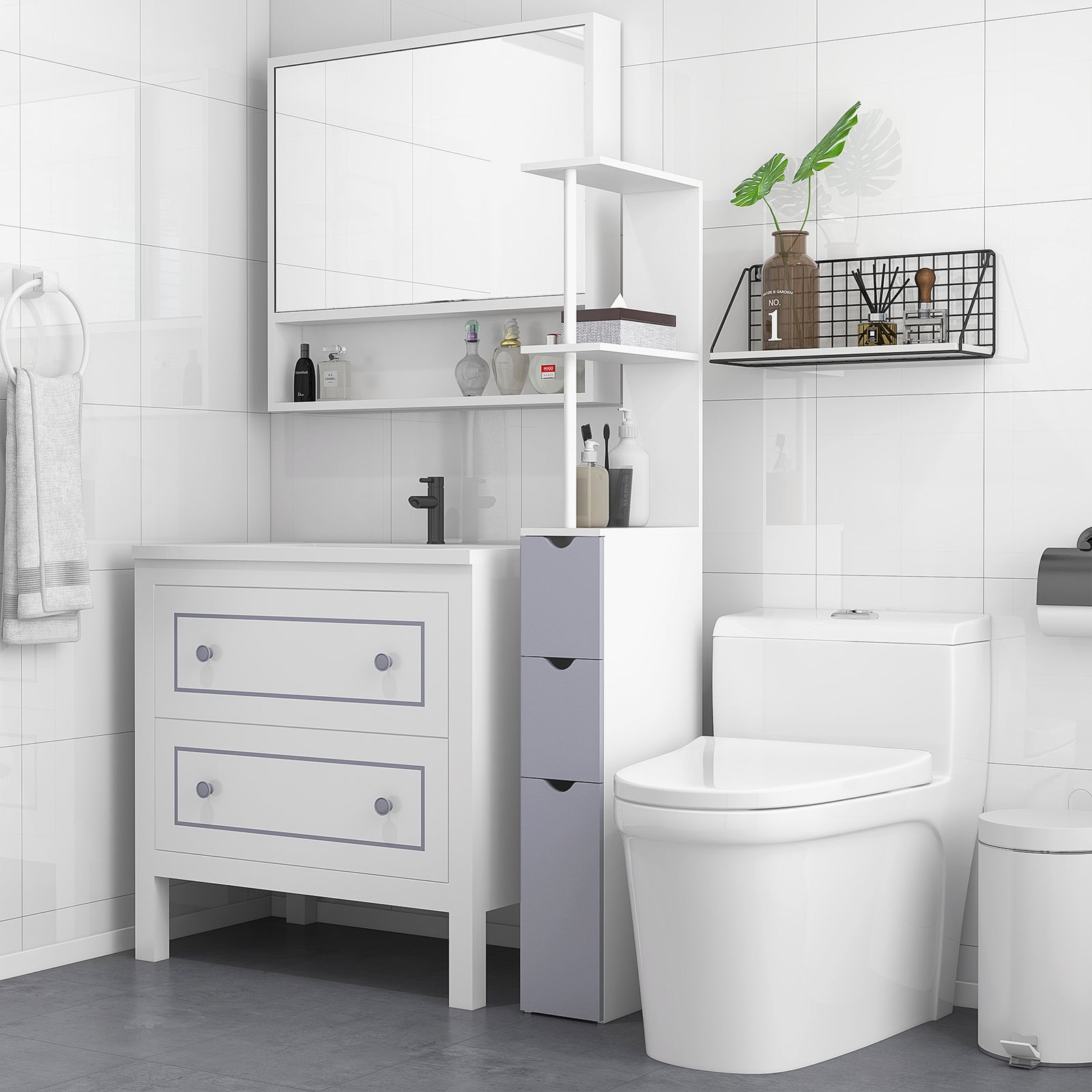 Tall Bathroom Cabinet With Shelf, Drawers | One Size | White