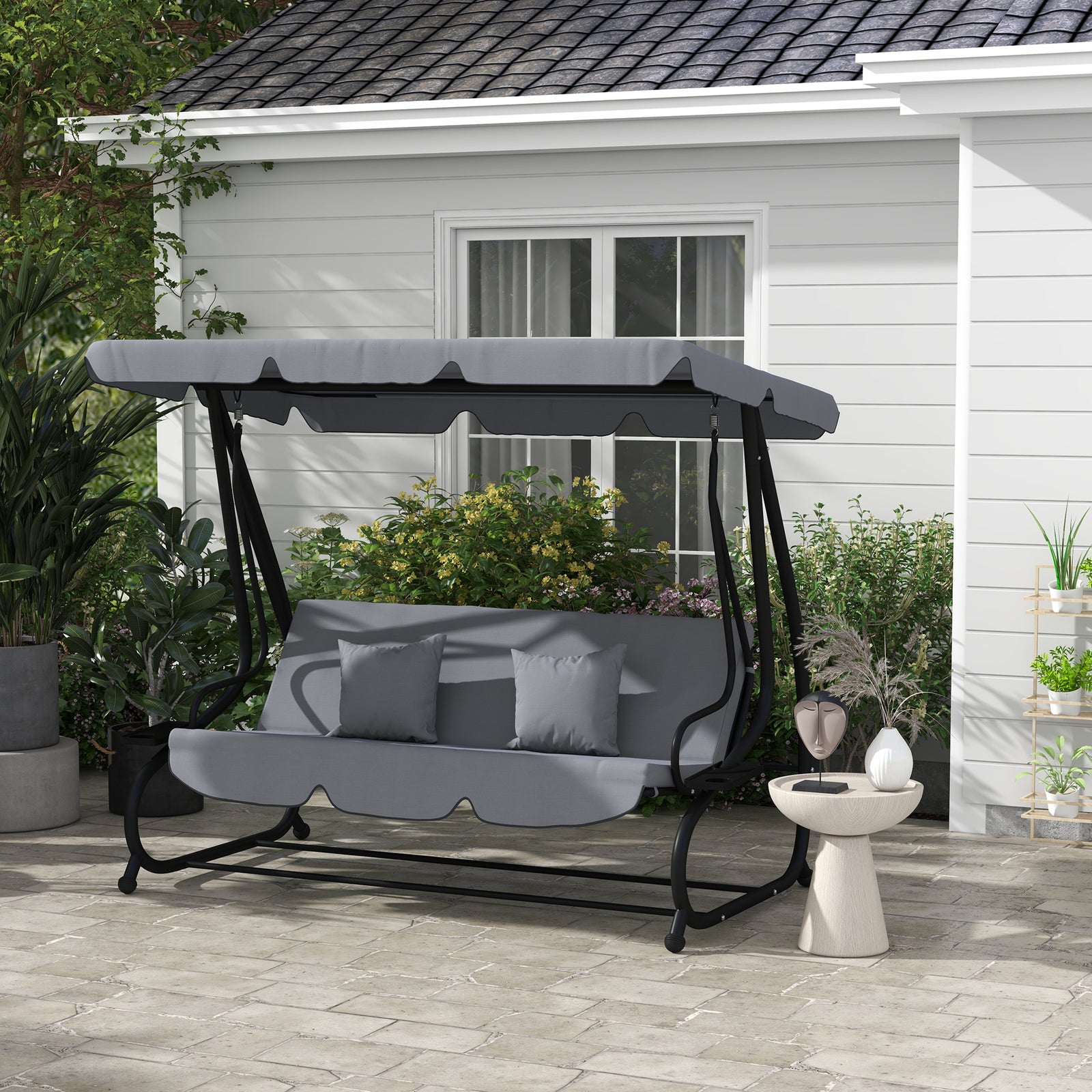 2-in-1 Garden Swing Chair For 3 Person W/ Adjustable Canopy | Dark Grey