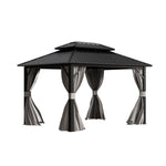 12x10ft Hardtop Aluminium Patio Gazebo With Curtains & Mesh Screens, Double Roof | Large | Black