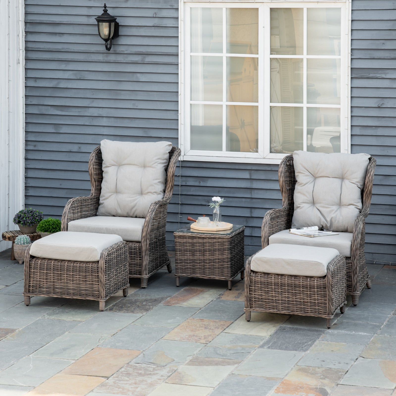 Outsunny 5 Pcs Deluxe Garden Rattan Furniture Sofa Chair & Stool Table Set