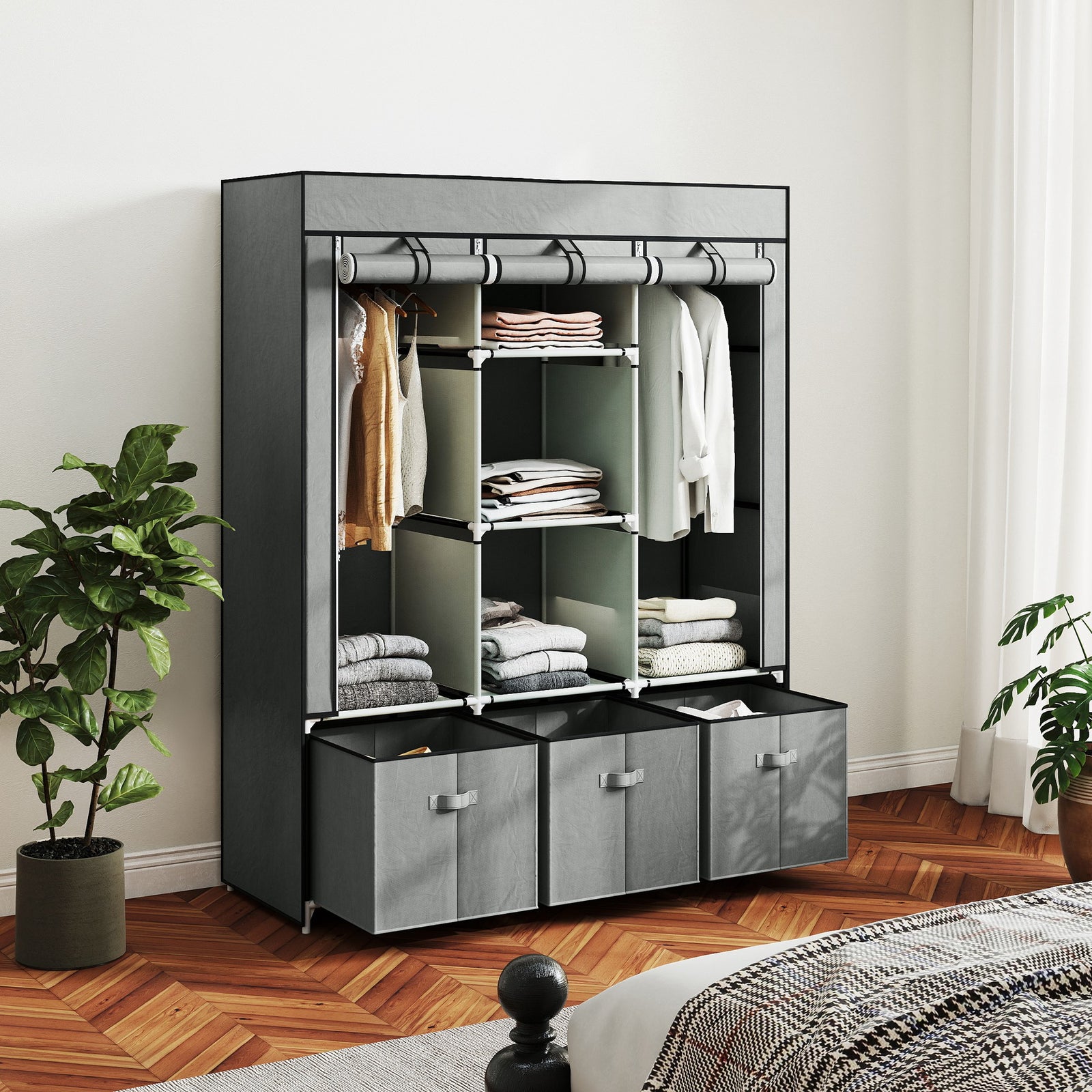 Portable Wardrobe W/ 5 Shelves 3 Fabric Drawers And 2 Hanging Rails