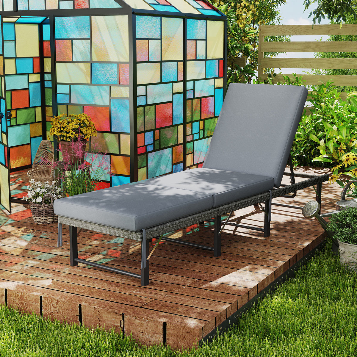 Folding Rattan Sun Lounger With Adjustable Back, Cushion | Grey