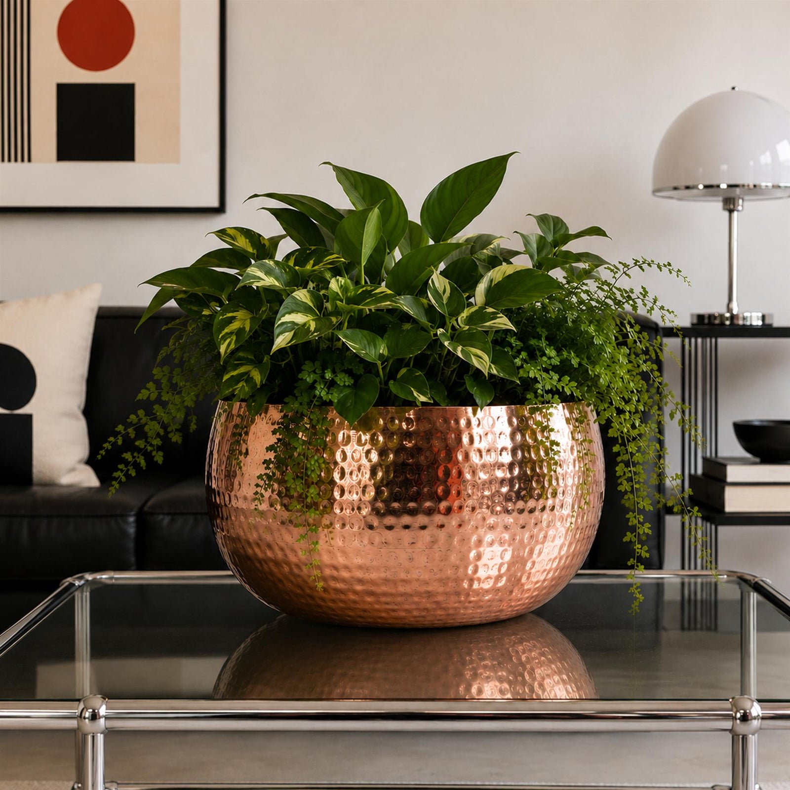 Xl Metal Bowl Planter 32 X 20cm Hammered Copper Colour - Straight Edge