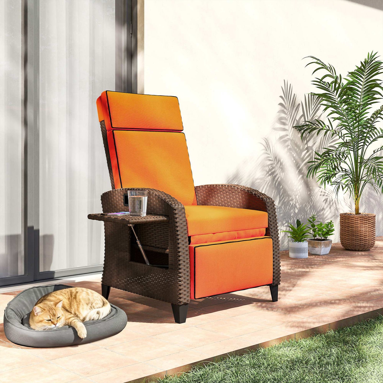 Garden Recliner With Cushion, Rattan Recliner Chair With Armrests | Orange