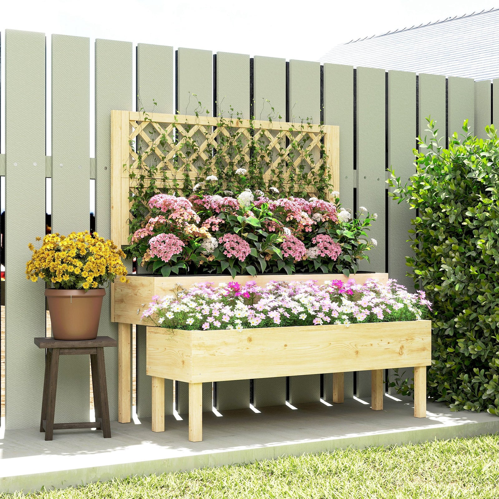 2-tier Raised Garden Bed With Trellis For Climbing Plants