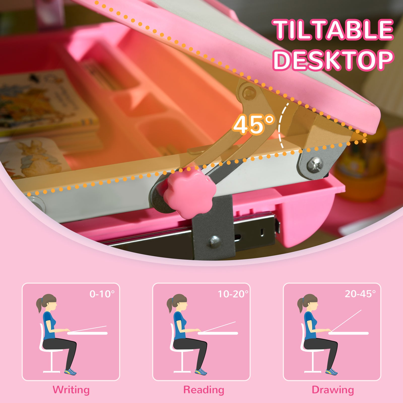 Kids Desk And Chair Set W/ Drawer, Pen Slot Hook | Pink